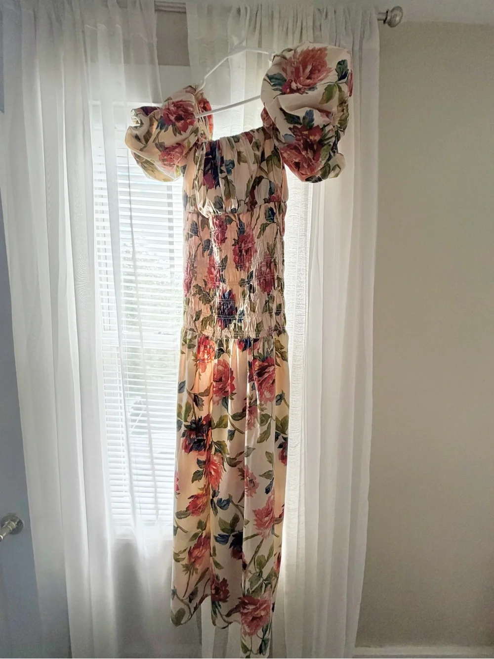Abercrombie Floral Puff-Sleeve Midi Dress in Cream and Pink